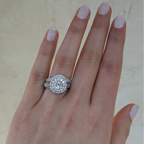 Twobirch 18k White Gold Microplated Floral Design Bridal Engagement Ring And Wedding Band Cubic Zirconia Silver 2 Ring Set On Sale Overstock 31132701