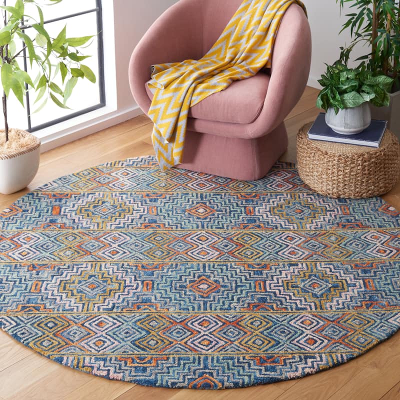 SAFAVIEH Handmade Aspen Licia Bohemian & Eclectic Tribal Wool - 4' Round - Blue/Gold