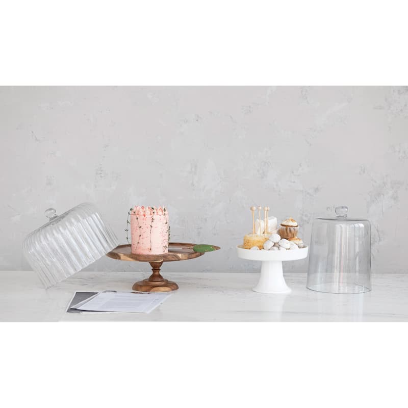 Acacia Wood Pedestal with Fluted Glass Cloche - 12.0"L x 12.0"W x 13.1"H - 12.0"L x 12.0"W x 13.1"H