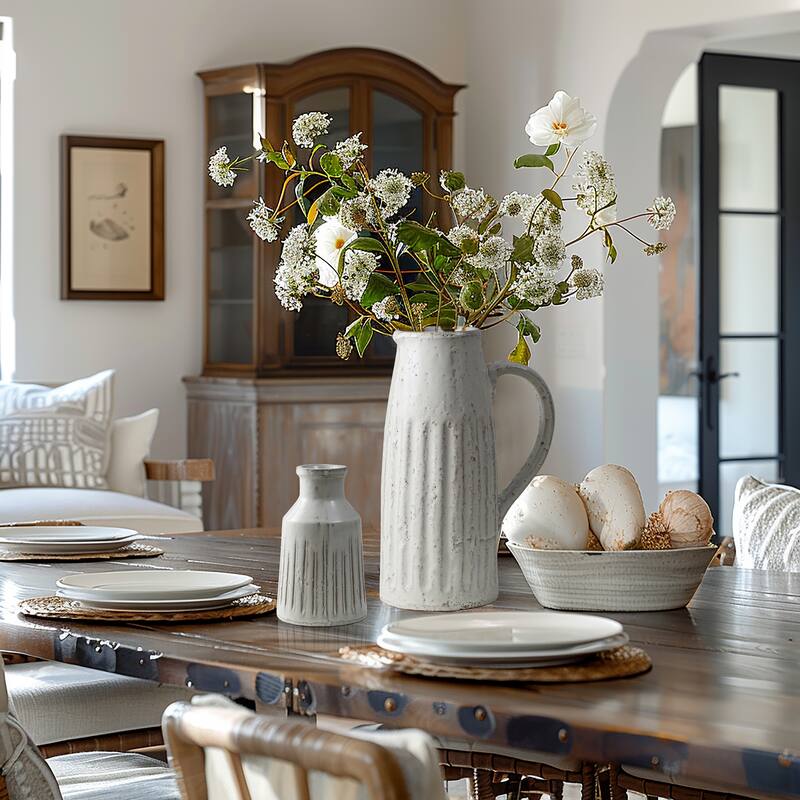 2-Piece Vintage White Ribbed Terracotta Pitcher Vase Set