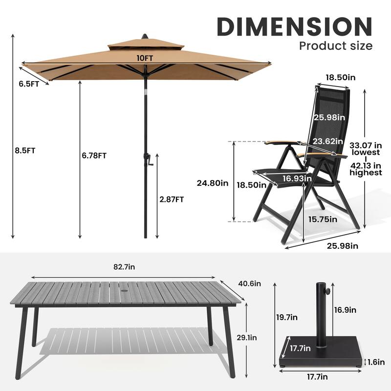 9/11-Piece Outdoor Aluminum Patio Dining Set w/10 ft Umbrella and Base, Rectangle Table and Folding Chairs