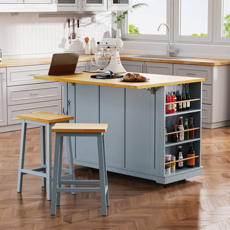 3-Piece/1 Piece Kitchen Island Set with/without 2 Bar Stools, Kitchen Cart on Wheels with 3 Drawers, Drop Leaf & Open Side Racks