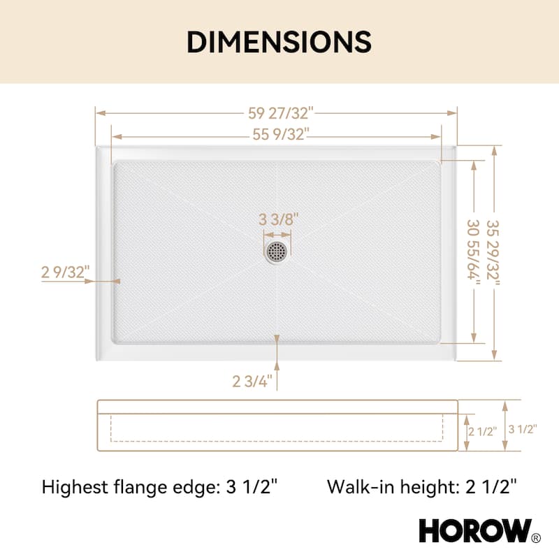 HOROW 60 x 36 Inch Alcove Shower Pan Base in White with Center Drain