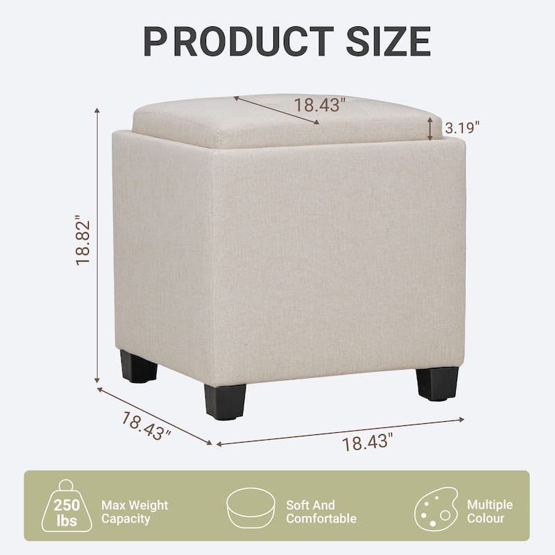 RENEWLINE ​18" Square Storage Ottoman with Tray - 250LBS Weight Capacity, Leather Upholstered Footstool for Living Room