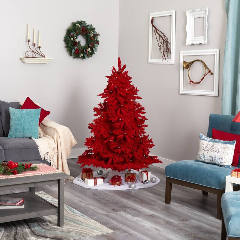 5ft. Red Flocked Fir Artificial Christmas Tree with 250 Red Lights, 26 Globe Bulbs and 490 Branches - Bold X-Mas Accent Tree
