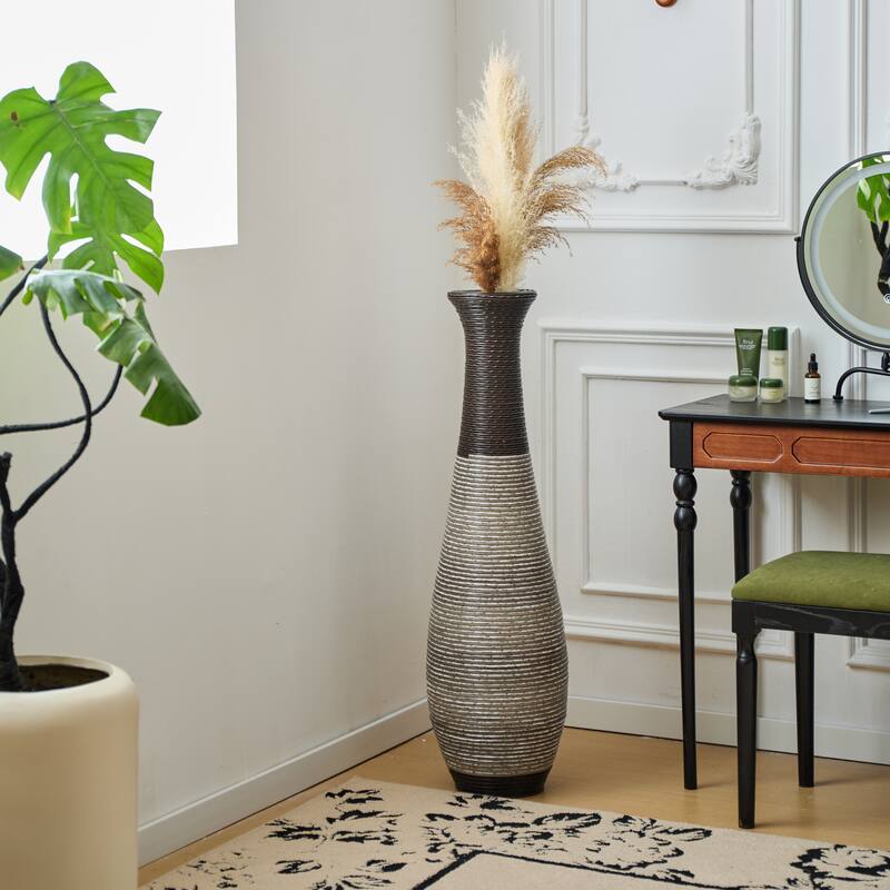 39-Inch Tall Standing Designer Floor Vase - Durable Artificial Rattan - Elegant Two-Tone Dark Brown Finish - Black+ Gray