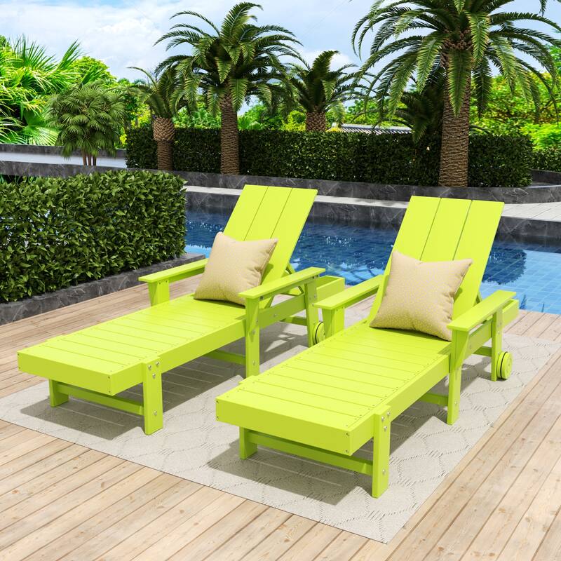 Polytrends Shoreside Modern Poly Reclining Eco-Friendly All Weather Chaise Lounge With Arms & Wheels (Set Of 2)