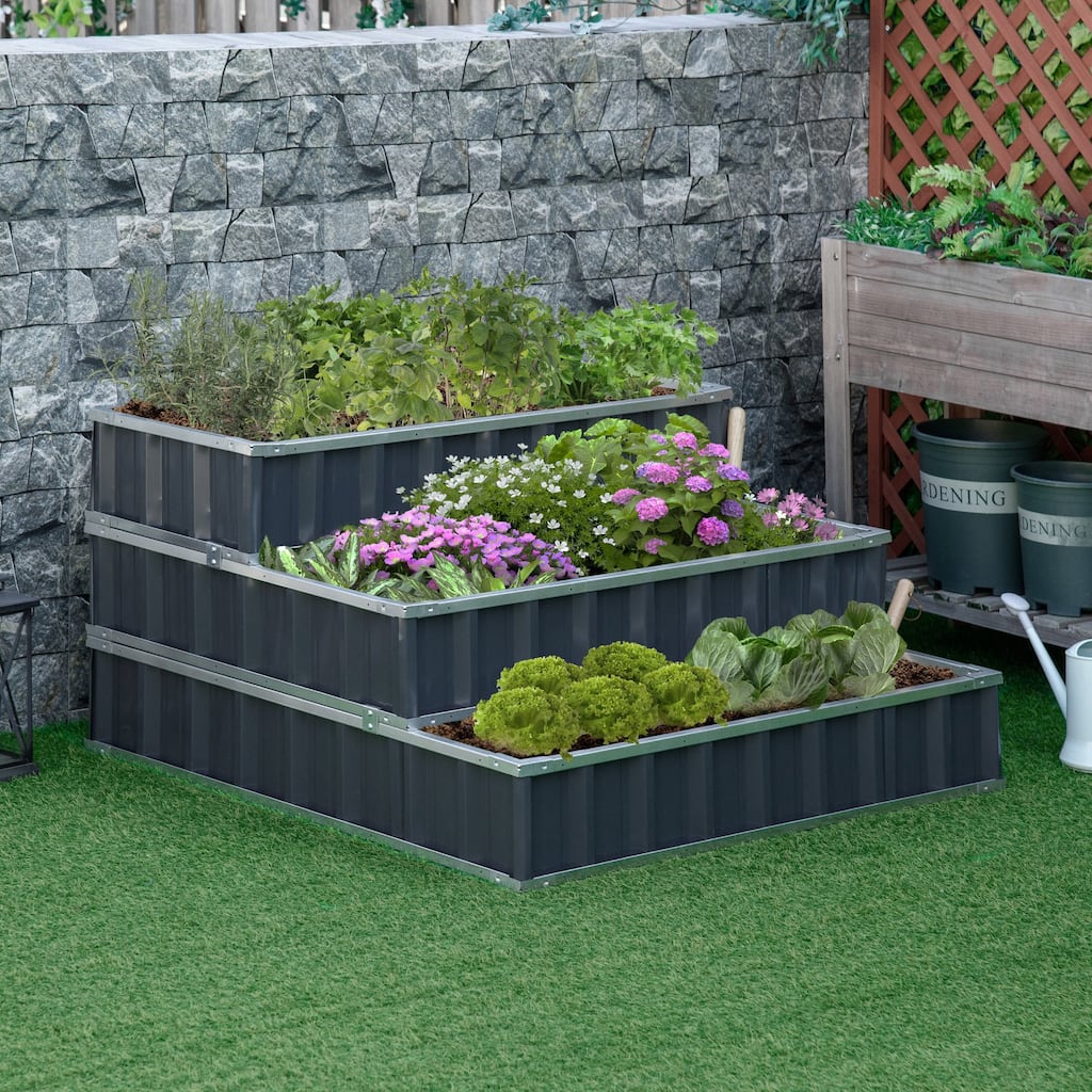 Outsunny 3-Tier Metal Raised Garden Bed, Elevated Outdoor Planter Box Kit for Vegetables, Herbs, and Flowers