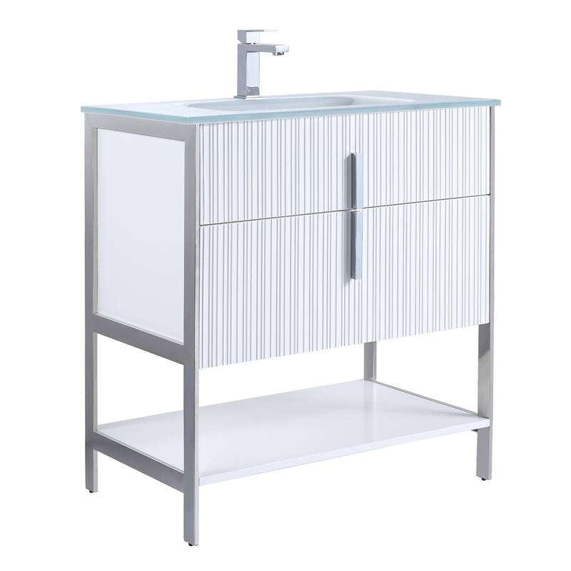 Fine Fixtures Serenity Modern Bathroom Vanity with White Glass Top - White Matte - Chrome Hardware - 30 inch