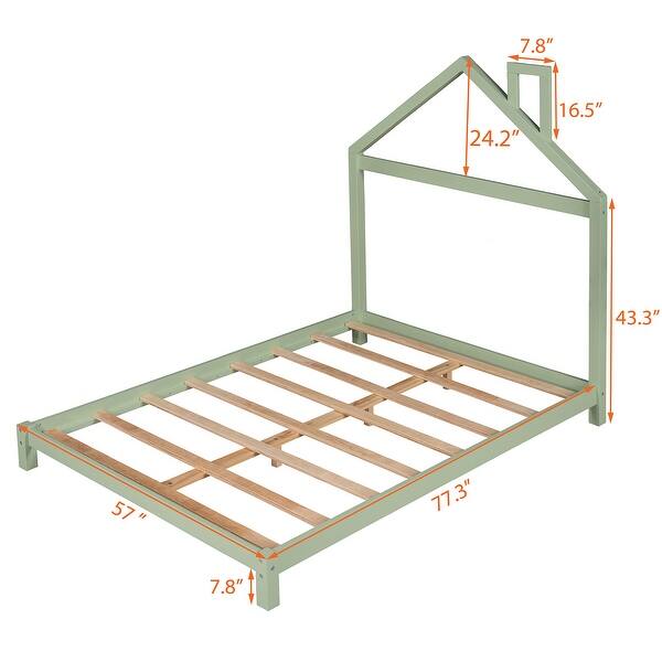 Green Full Size Wood Platform Bed with House-shaped Headboard for Kids, Boys and Girls