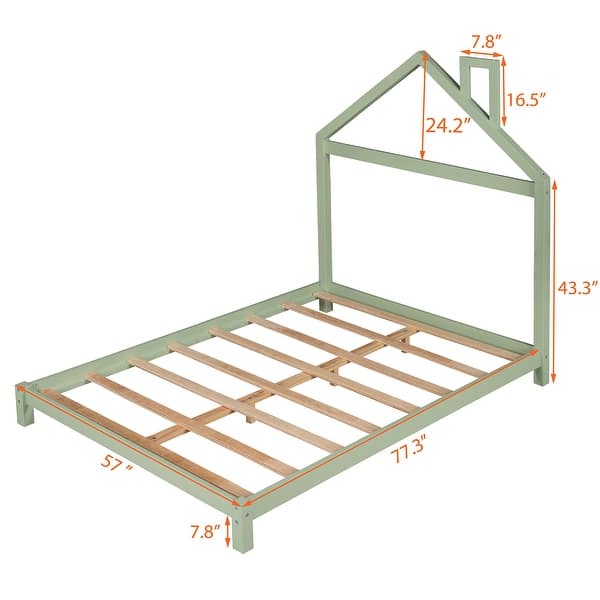 dimension image slide 4 of 8, Wooden Platform Bed with Wood Slat Support, Modern Solid Wood Kids Bed Frame with House-shaped Headboard, No Box Spring Needed