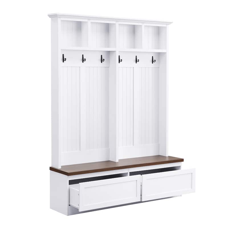 Farmhouse 4-In-1 Hall Tree with Wood Grain Bench and 2 Large Drawer