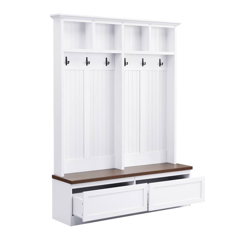 Farmhouse 4-in-1 Storage Hall Tree with Wood Bench, 2 Large Drawer