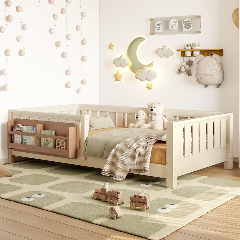 Low Profile Montessori Bed Floor Platform Bed with Fence and Bookshelf
