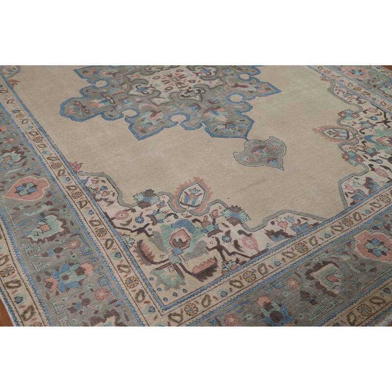 Geometric Beige Tabriz Persian Vintage Rug Hand-Knotted Wool Carpet - 8'3" x 11'0"