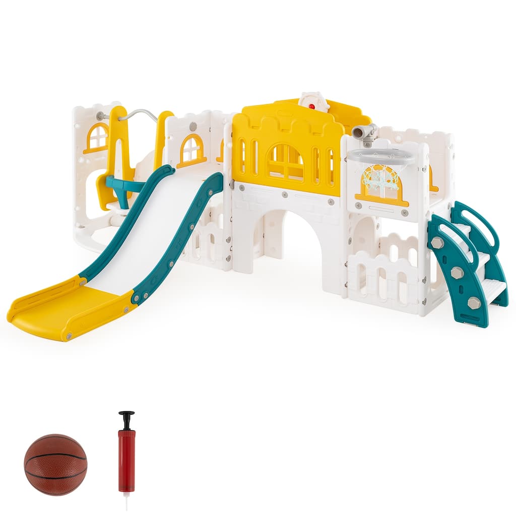 Gymax 10 in 1 Toddler Swing & Slide Set w/Basketball Hoop Telescope