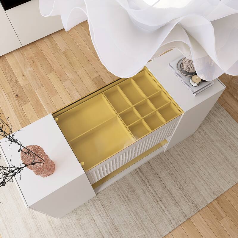 Cream White 6 drawer 60.40 in. Wide Dresser with Glass Tabletop