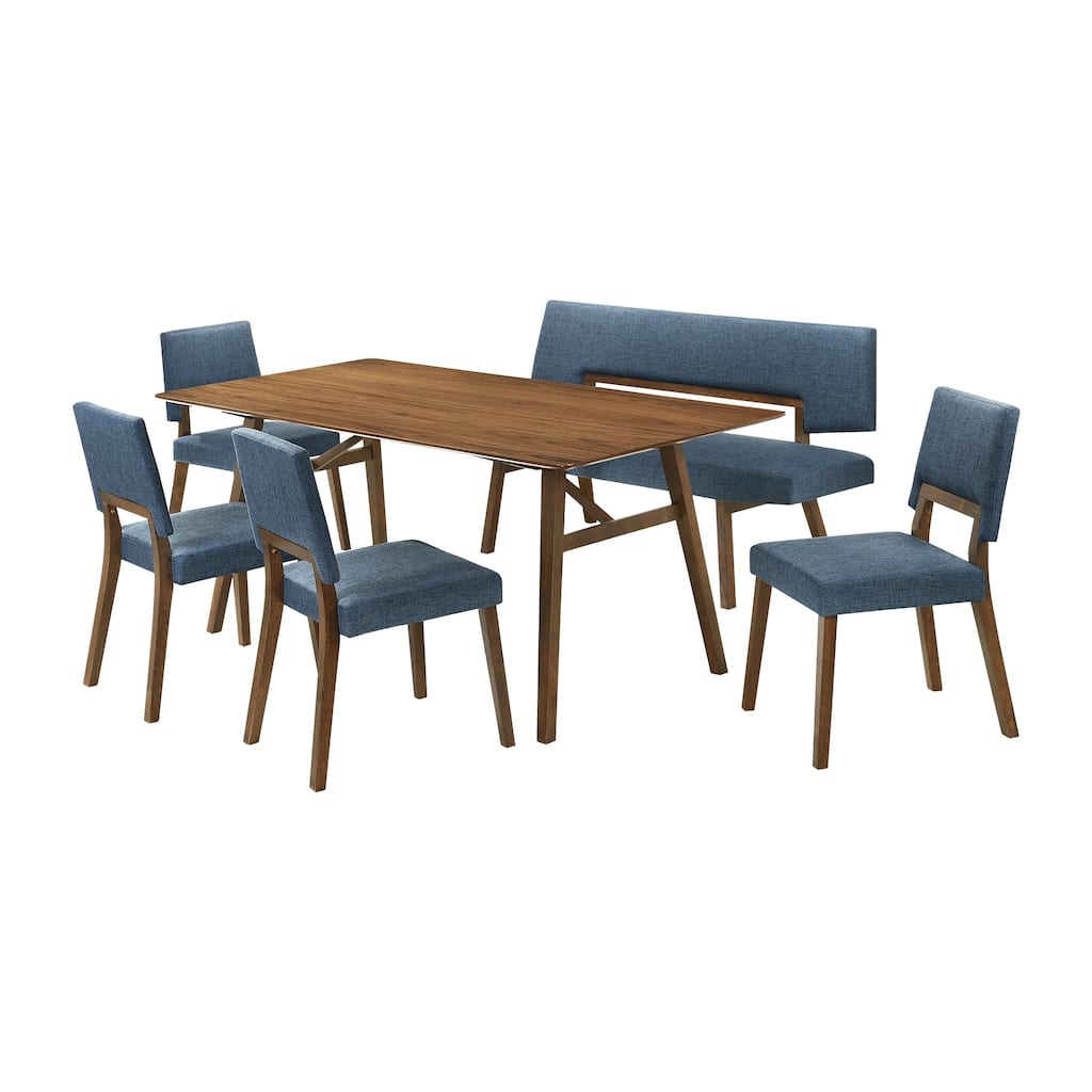 Yumi 6 Piece Dining Table Set, Chairs, Bench, Blue Fabric, Wood Brown