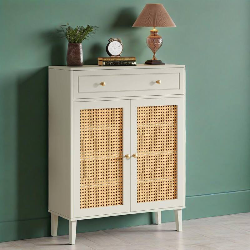 Modern Shoe Cabinet with Adjustable Shelves and Drawer Rattan Panels for Entryway Storage - 31.49”L x 15.74”W x 43.3”H