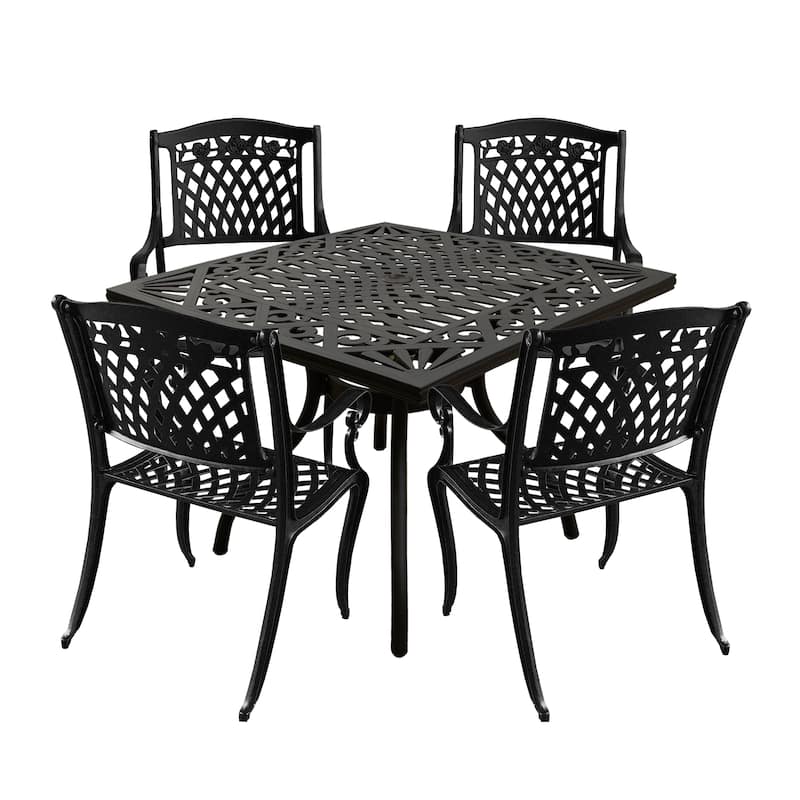 Modern Ornate Outdoor Mesh Aluminum 37-in Square Patio Dining Set with Four Chairs - N/A - Black