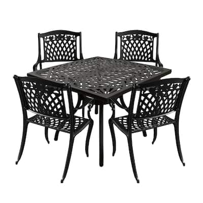 Modern Ornate Outdoor Mesh Aluminum 37-in Square Patio Dining Set with Four Chairs - N/A