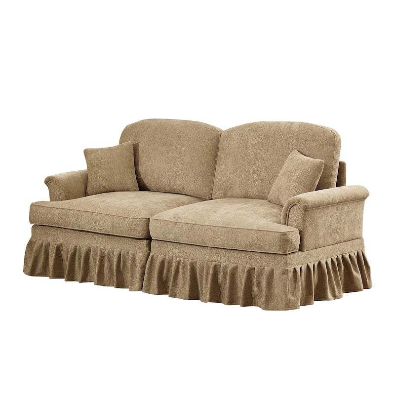 Mid-Century 2-Seat Sofa Couch with Flared Arms & Removable Ruffled Skirts, Retro Chenille Upholstered Loveseat for Living Room