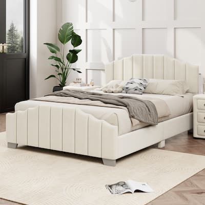 Velvet Upholstered Platform Bed Frame Vertical Channel Wingback Bed Tufted Headboard Footboard, Low Profile Panel Bed