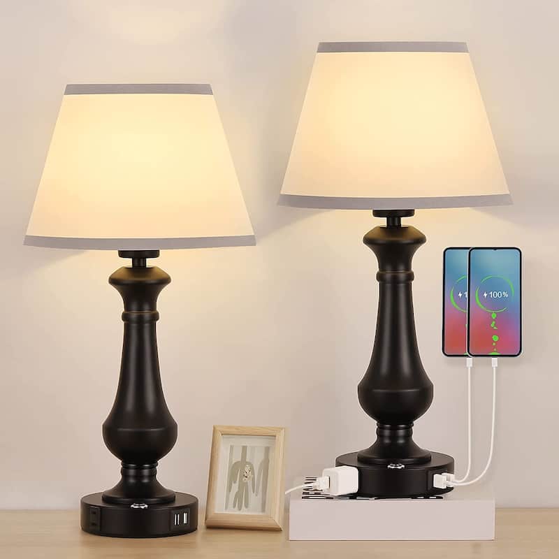 Touch Control Table Lamp 3 Ways Dimmable with 2 USB Charging Port 1 AC Outlet- Set of 2 - 2PCS