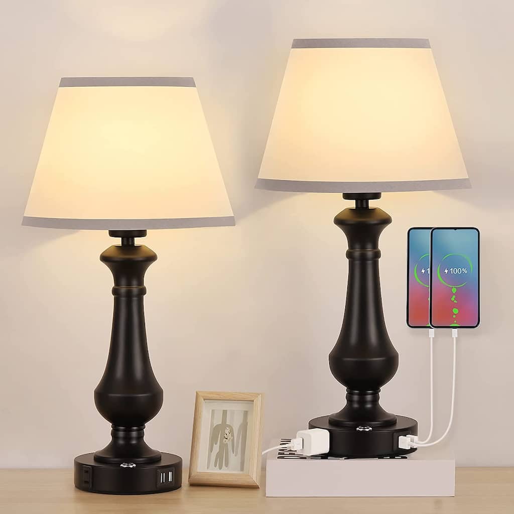 Touch Control Table Lamp 3 Ways Dimmable with 2 USB Charging Port 1 AC Outlet- Set of 2 - 2PCS