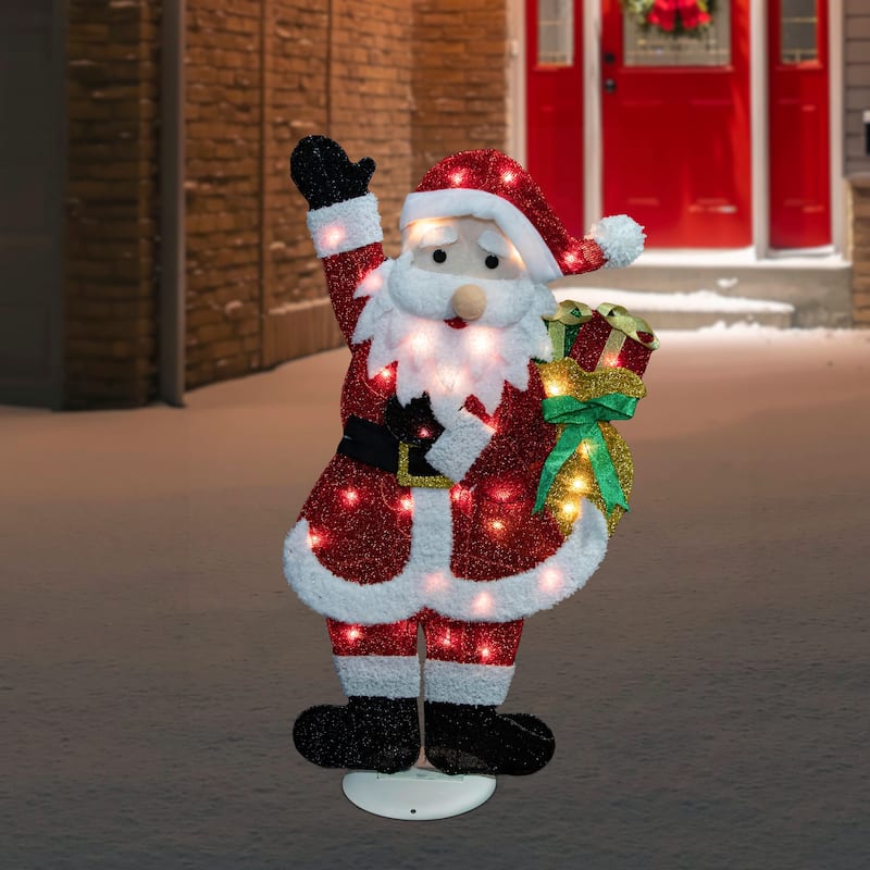 32" Red and White Lighted Waving Santa with Gifts Christmas Outdoor Decoration