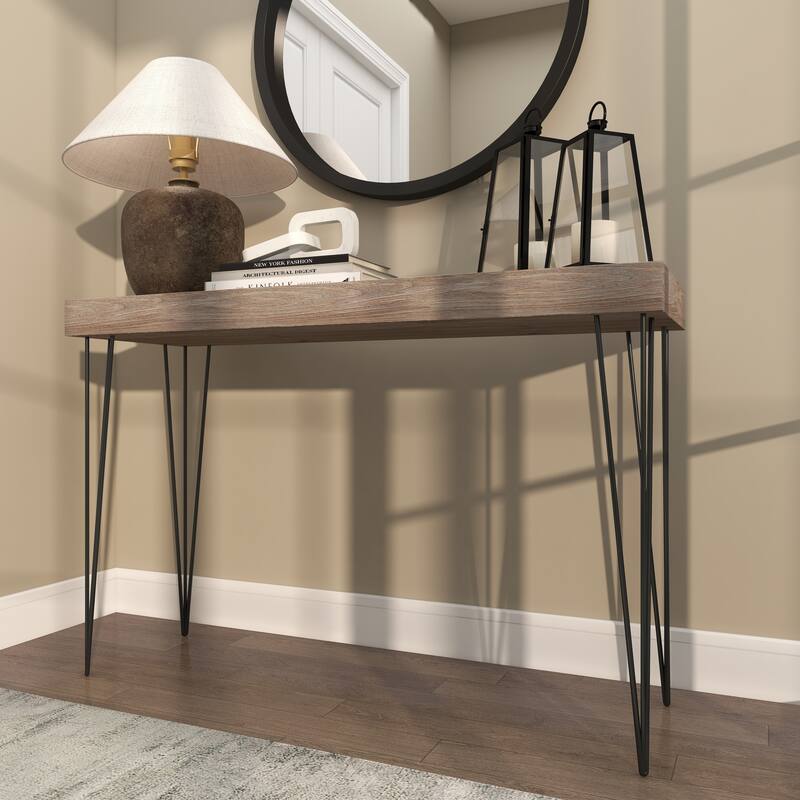 Brown Wood Console Table with Black Metal Hairpin Legs