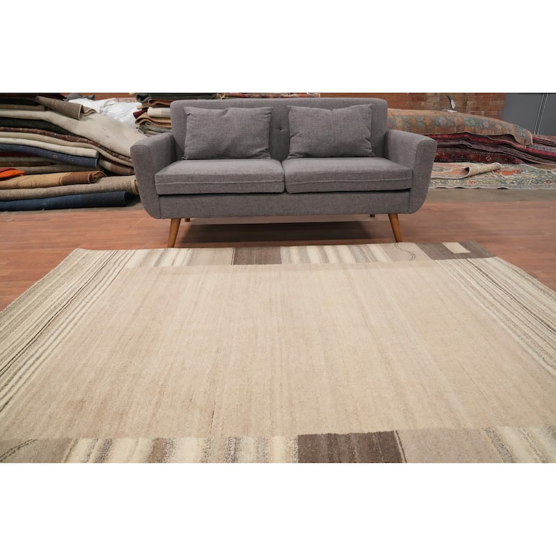 Hand Knotted Oriental 100% Wool Carpet Modern Geometric Beige & Ivories Gabbeh Area Rug - 7' 10'' X 5' 9''
