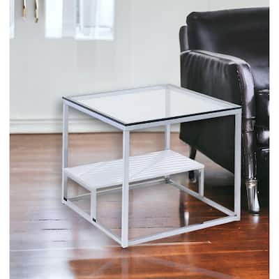 HomeRoots 22" Chrome And Clear Glass Square End Table With Shelf - 24" x 24" x 22"H