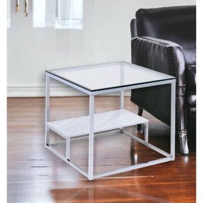 HomeRoots 22" Chrome And Clear Glass Square End Table With Shelf - 24" x 24" x 22"H