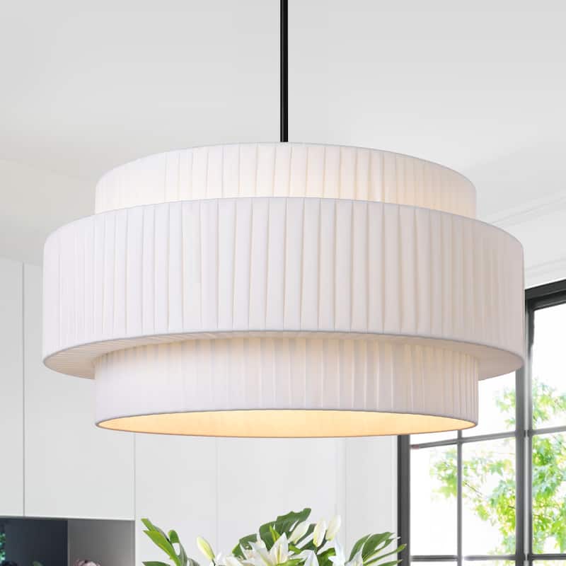 Modern 3-Tier Drum Chandeliers Fabric Shade Ceiling Hanging Pendant - 3-Tier/23.6inch - Black Fixture