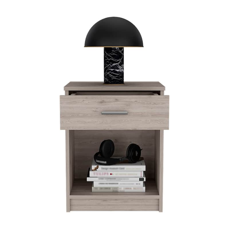 Modern Nightstand with Drawer and Shelf, Light Gray Finish, Durable Manufactured Wood, 21.73" Tall