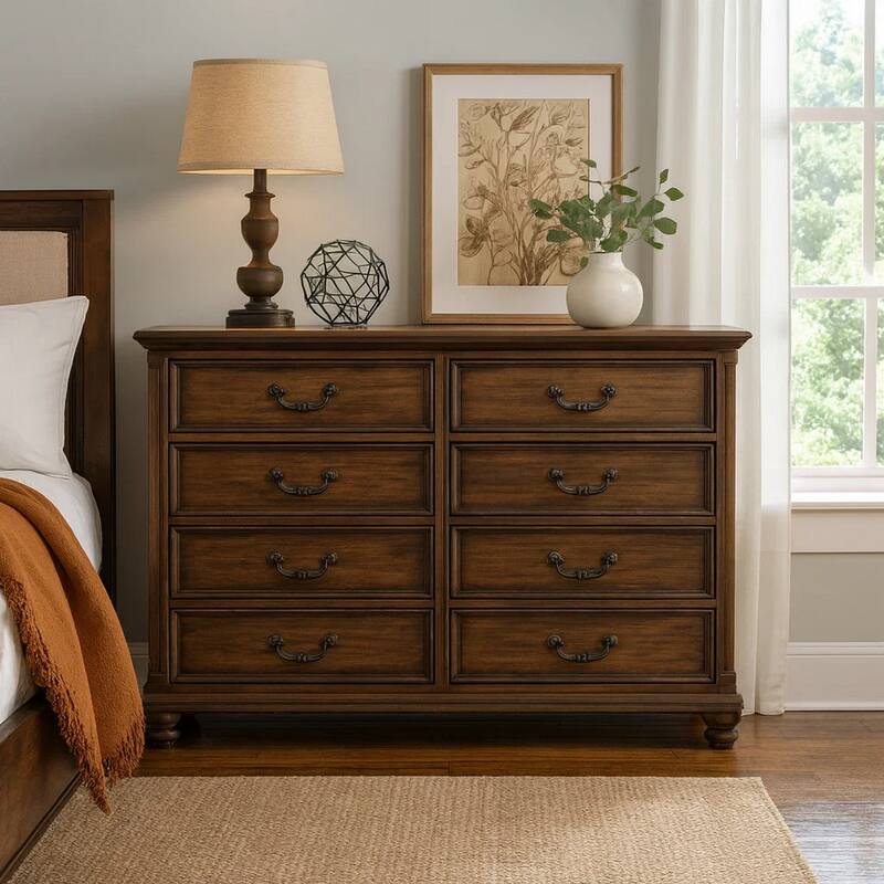 Danya 64 Inch Dresser, Metal Drop Handles, Turned Legs, Dark Brown Finish