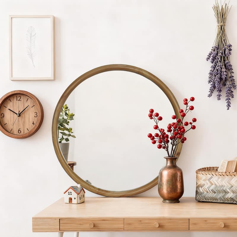 Round Natural Wood Frame Wall Mirror - Mid-Century Modern Decor for Bathroom, Entryway - Natural Wood