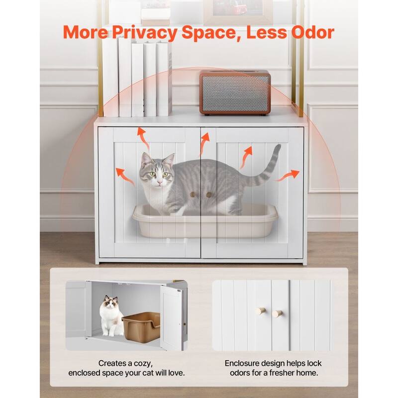Modern White Cat Litter Box Enclosure with Gold Handles and Dual Door Hidden Cat Cabinet Table - 27.56 x 17.72 x 49.02 in