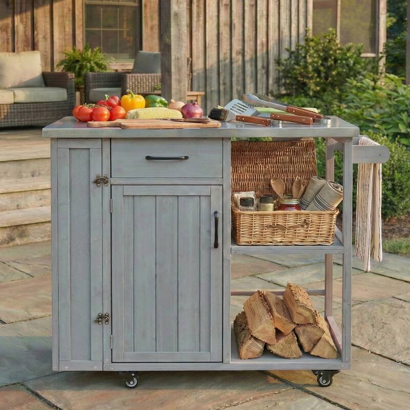 Fir Wood Outdoor Kitchen Prep Station Cart with Stainless Steel Top & Towel Rack - Grey