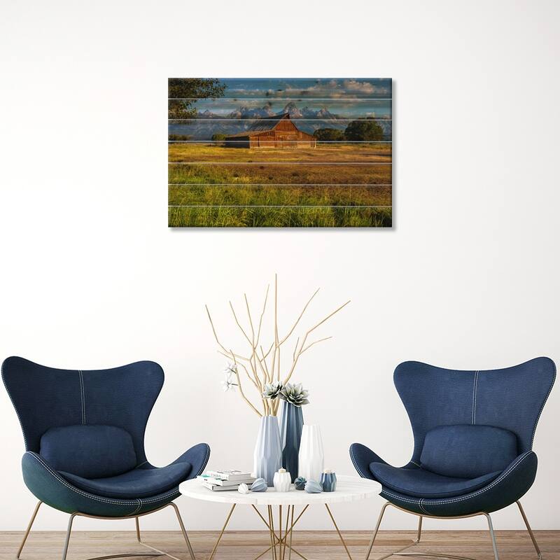 Grand Teton Barn Print On Wood by Sergio Lanza - Multi-Color