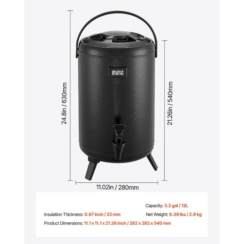 3.2 Gal Stainless Steel Insulated Beverage Dispenser with Temp Display for Hot Cold Drink Serve - 9.45 x 9.45 x 14.57 inch
