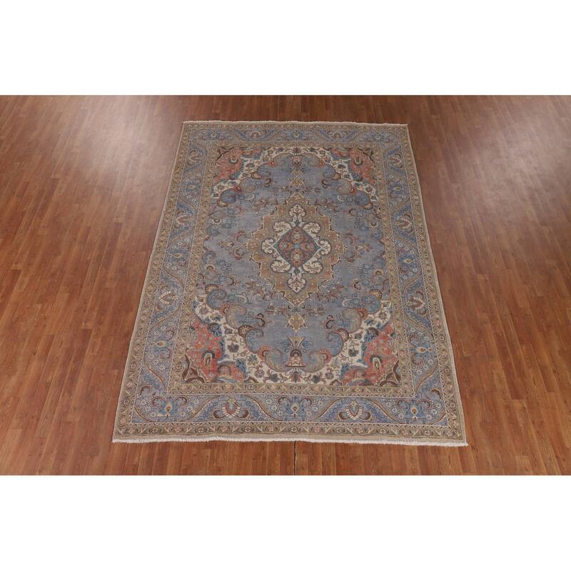 Blue Distressed Tabriz Persian Vintage Rug Hand-Knotted Wool Carpet - 7'4" x 10'3"