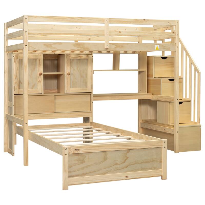 Twin over Twin Loft Bed with Built-in Desk, Staircase & Storage, Natural Pine Wood & MDF