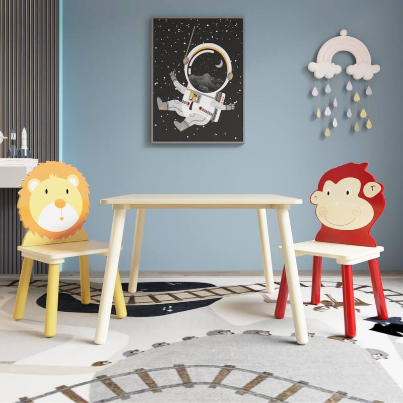 Kids Table and 2 Chairs Set, 3 Pieces Toddler Table and Chair Set, Wooden Activity Play Table Set (Bear&Tiger)