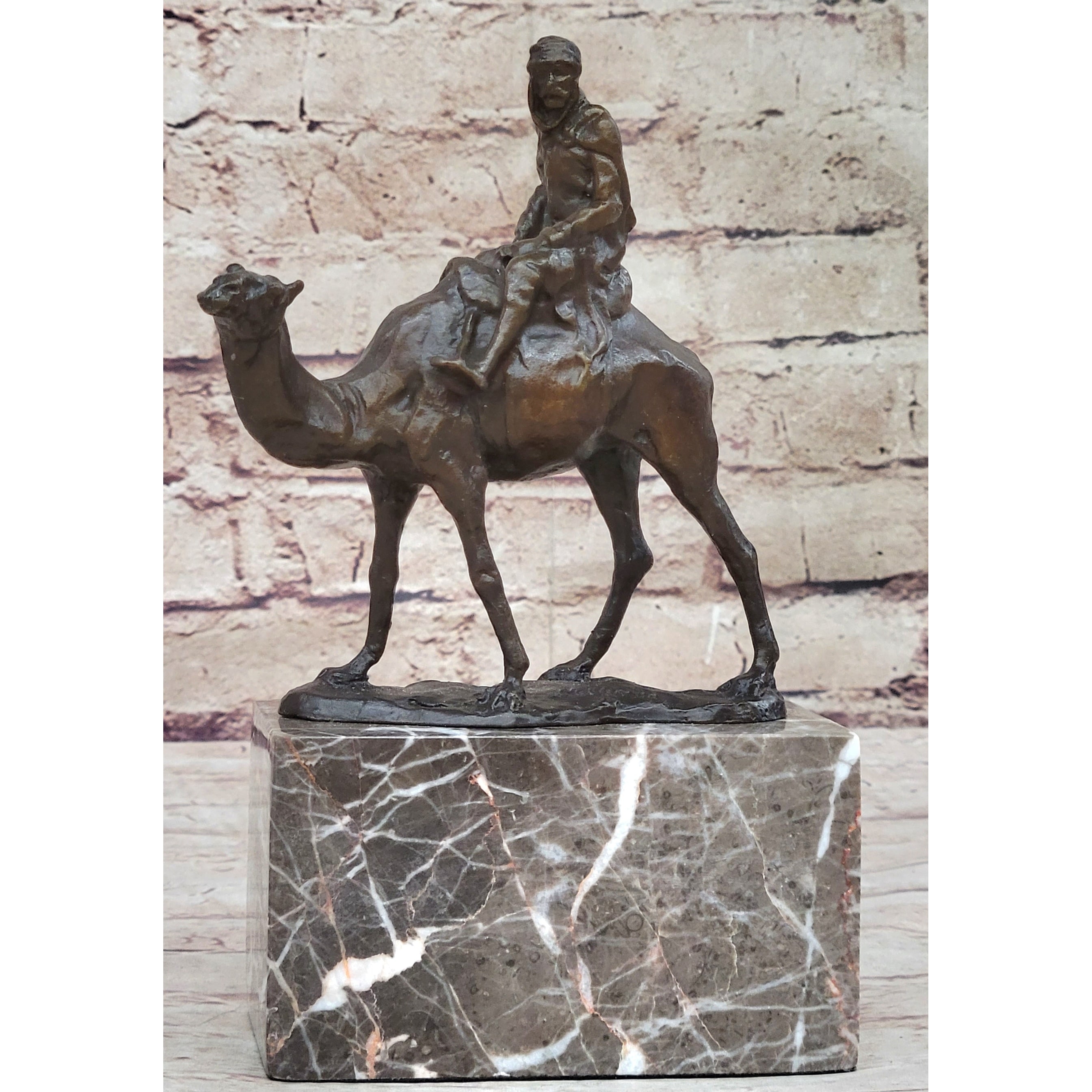 Arabian Man Riding Camel Desert Scene Decor Bronze Statue Sculpture Figure On Marble Base