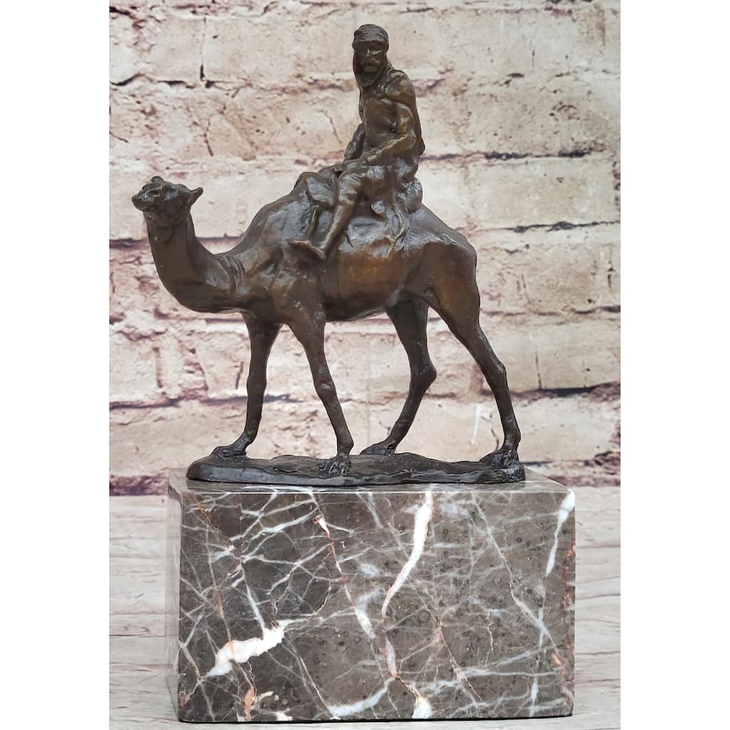 Arabian Man Riding Camel Desert Scene Decor Bronze Statue Sculpture Figure On Marble Base