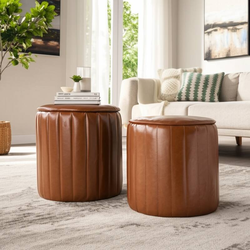 Leather and Pine Wood Ottoman Modern Storage (Set of 2) - 14/18" Brown