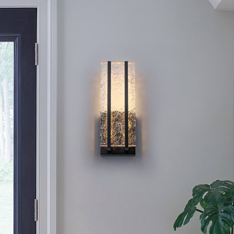 Black Metal Rectangular Water Pattern LED Dimmable Wall Sconce - H-11.71 in.