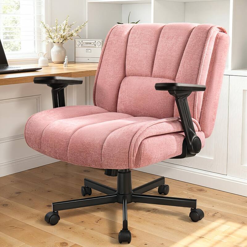 BOSSIN Criss Cross Office Chair with Flip-Up Arms - Wide Seat Desk Chair with Dynamic Airbag Lumbar Support & Wheels - Pink